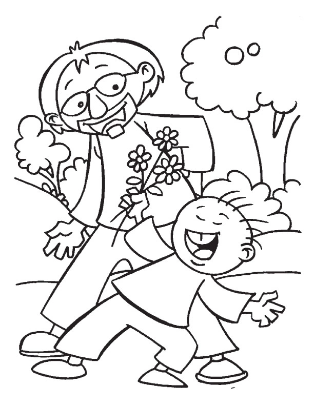 Coloring page son hands his father flowers